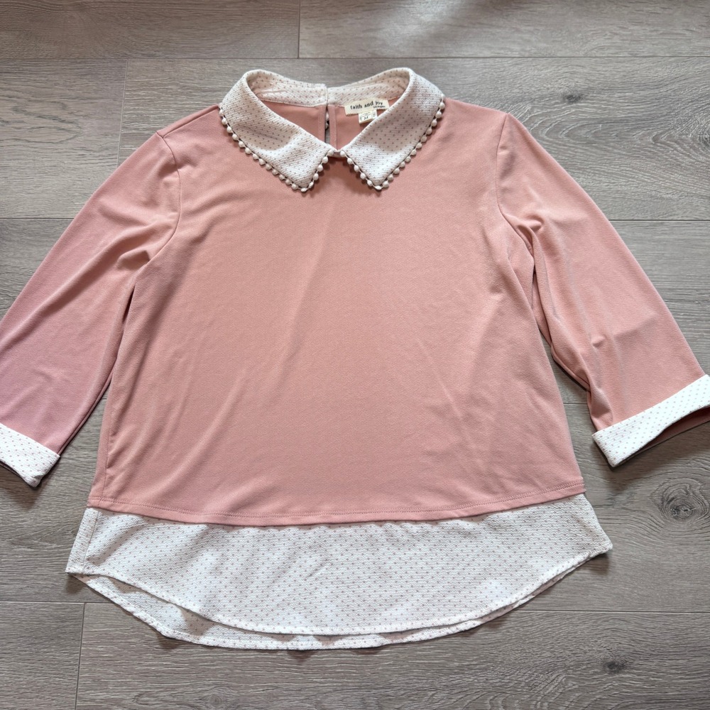 Faith and Joy Womens Dusty Rose Polka Dot Peter Pan Collar Top Medium M